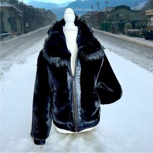 Blank NYC Faux Fur Bomber Jacket – Jet Black Winter Coat, Model Off Duty Look,